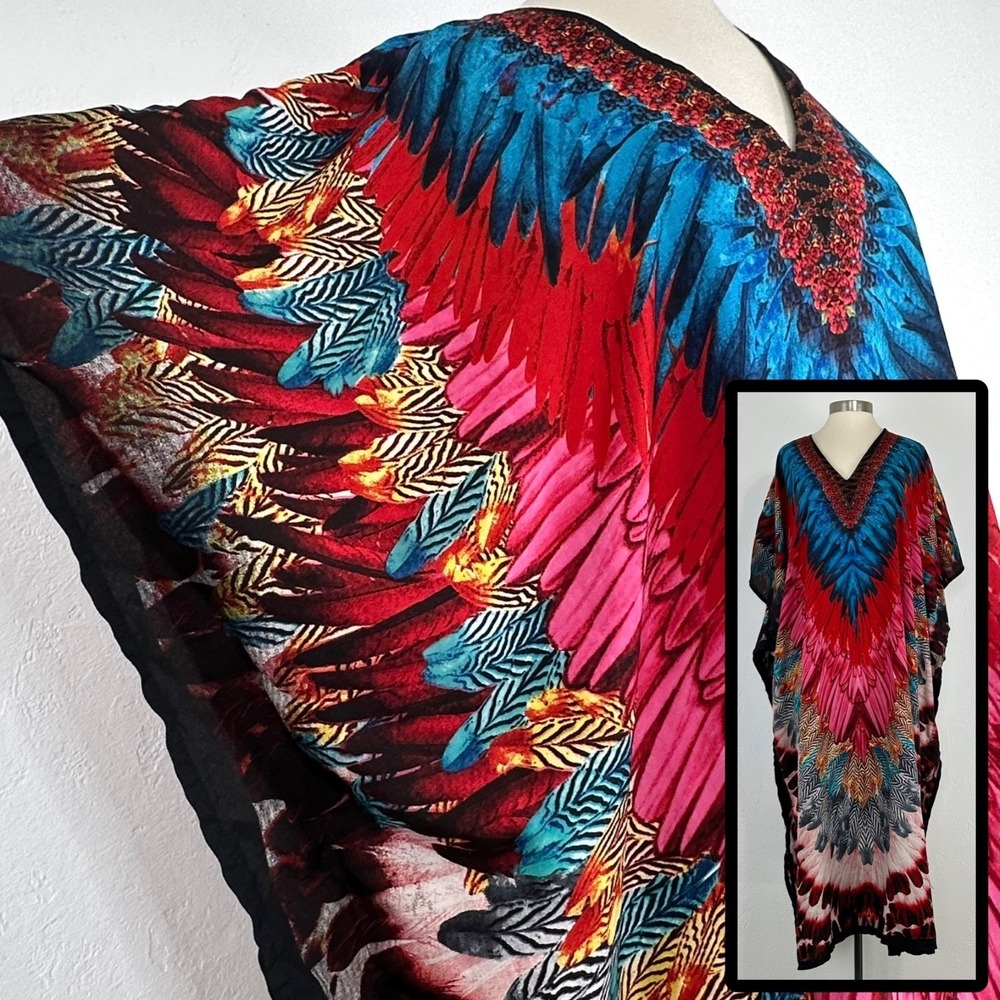 Festival Boho Hippie Kaftan Dress Sz One Size Silky Multicolored Lounge Resort